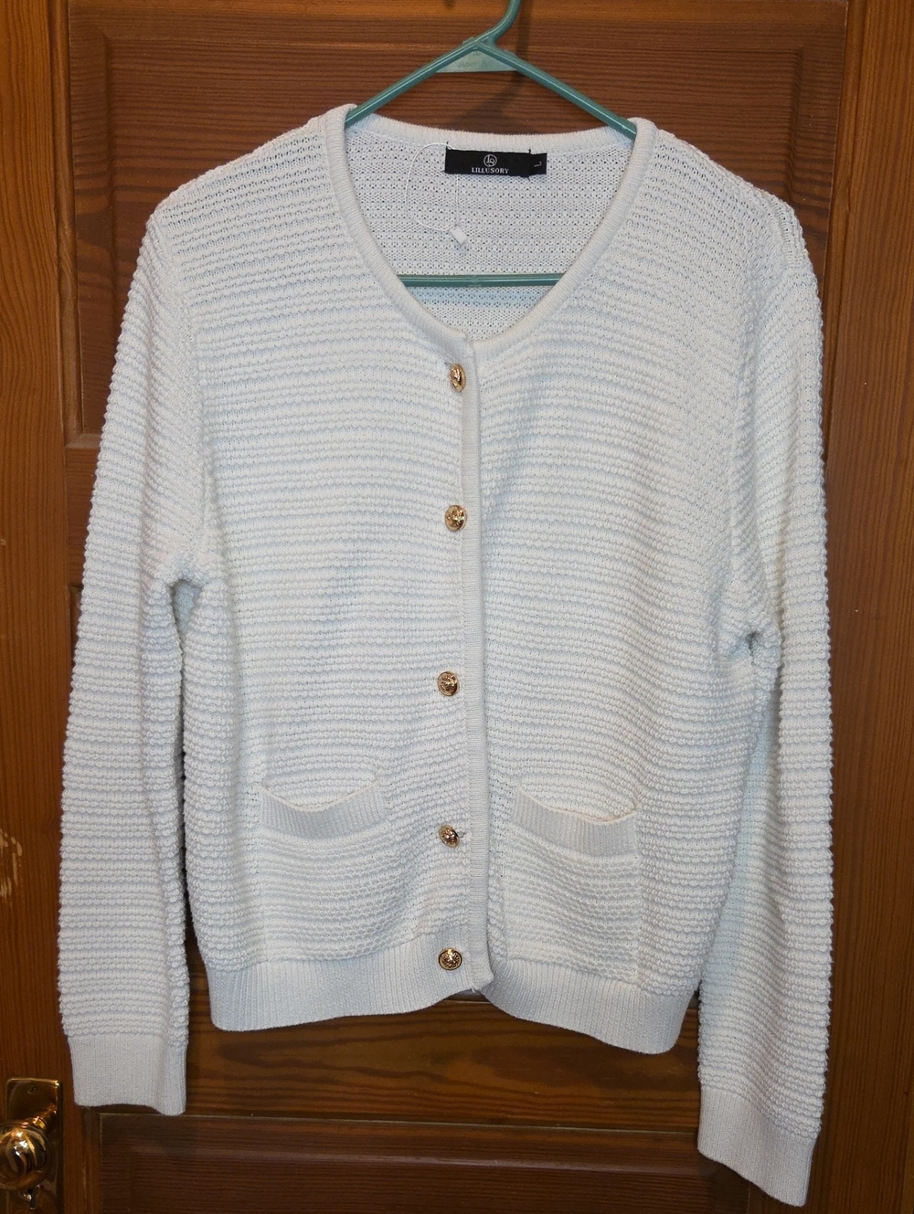 Lillusory White Button-Front Textured Cardigan with Gold Buttons
